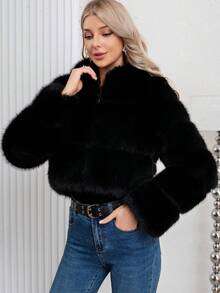 Elegant Women Black Fashion Warm Faux Fur Hooded Regular Length Long Sleeve Regular Sleeve Coat For Winter Christmas And New Year Vacation - Black - View 9