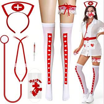 5/7pcs Christmas Cosplay Role-Playing Supplies, Halloween Costume Props, Nurse Funny Props, Adult Toy, Doctor Simulation Cosplay Nurse Props, Bar Party Nurse Uniform, Adult Novelty Items, Nurse Costume Props Stethoscope, Nurse Headpiece,Nurse Stockings, Sexy Nurse Cross Headband, Suitable For Valentines Day Role Play, All Season (Couple , Role Play, Nurse Costume)