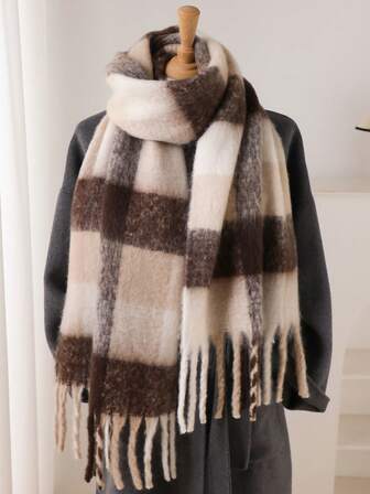 Cachecol/xale feminino elegante vintage multicolorido xadrez de pelúcia, com franjas, para outono/inverno. Cachecol grosso e quente de pelúcia para o pescoço, ideal para usar com vestidos.