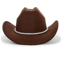 Women Sparkly-Rhinestone Western-Cowgirl-Hat Glitter-Bling Cowboy-Hat Felt-Rodeo-Hat For Disco-Party Medium/Large{"Size_name":"Medium-Large","Color_name":"OneRhinestoneDecor-Brown"} - One 水鑽裝飾棕色中大號 - 查看 7