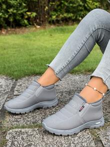 女式冬季休闲踝靴，纯色人造毛皮厚底，保暖内衬，圆头平底