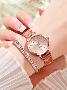 2PCS Rose Gold Alloy Strap Women's Watch Set Fashion Simple And Versatile Quartz Watch Bracelet Set For Daily Clothing Matching Or Holiday Gifts