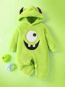 男婴怪兽刺绣恶魔耳朵连帽毛绒连体衣 - 綠色 - 查看 1