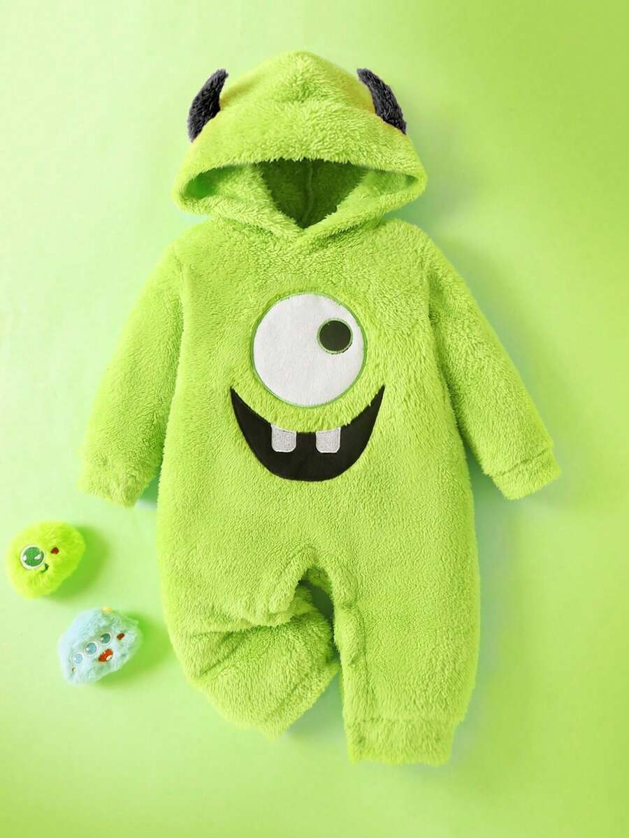 男婴怪兽刺绣恶魔耳朵连帽毛绒连体衣 - 綠色 - 查看 1