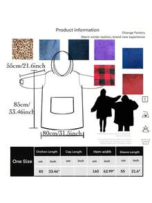 1pc Flannel Blanket With Sleeves, Winter Hooded Sweatshirt, Wearable Blanket With Giant Pockets, 3 Pocket Entries On Left, Right And Top Sides, Suitable For Adults And Small Pets