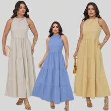 Women's Sleeveless Casual Party Premium Linen Midi Dress - 黃色 - 查看 3