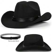 Women Sparkly-Rhinestone Western-Cowgirl-Hat Glitter-Bling Cowboy-Hat Felt-Rodeo-Hat For Disco-Party Medium/Large{"Size_name":"Medium-Large","Color_name":"Black-DoublePuLeather"} - 黑色-雙層PU皮革中大號 - 查看 3