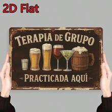 2D Flat, 1pc Vintage Metal Wall Art Sign With "Terapia De Grupo Practica Aqui" Spanish Quote & Beer/Cocktail Illustrations - Rustic 29.97cm X 19.81cm Metal Decor For Man Cave, Kitchen, Bar, Office, Patio, Metal Wall Decor, Office Decoration, Retro Design, Patio Decoration, Farmhouse Style, Bar Owners, 2D Flat - 彩色 - 查看 7