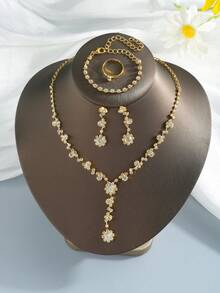 Set de 5 piezas de joyería lujosa y elegante con cristales, incluyendo brazalete, pendientes y collar - Accesorios de moda para fiestas y novias - Amarillo Oro - Ver 6