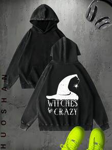 Vintage Washed Hoodie - Witch Hat & Witches Be Crazy Print - Streetwear Men's Clothing - Halloween/Christmas/New Year Gift / Affordable Gift - 黑色 - 查看 1