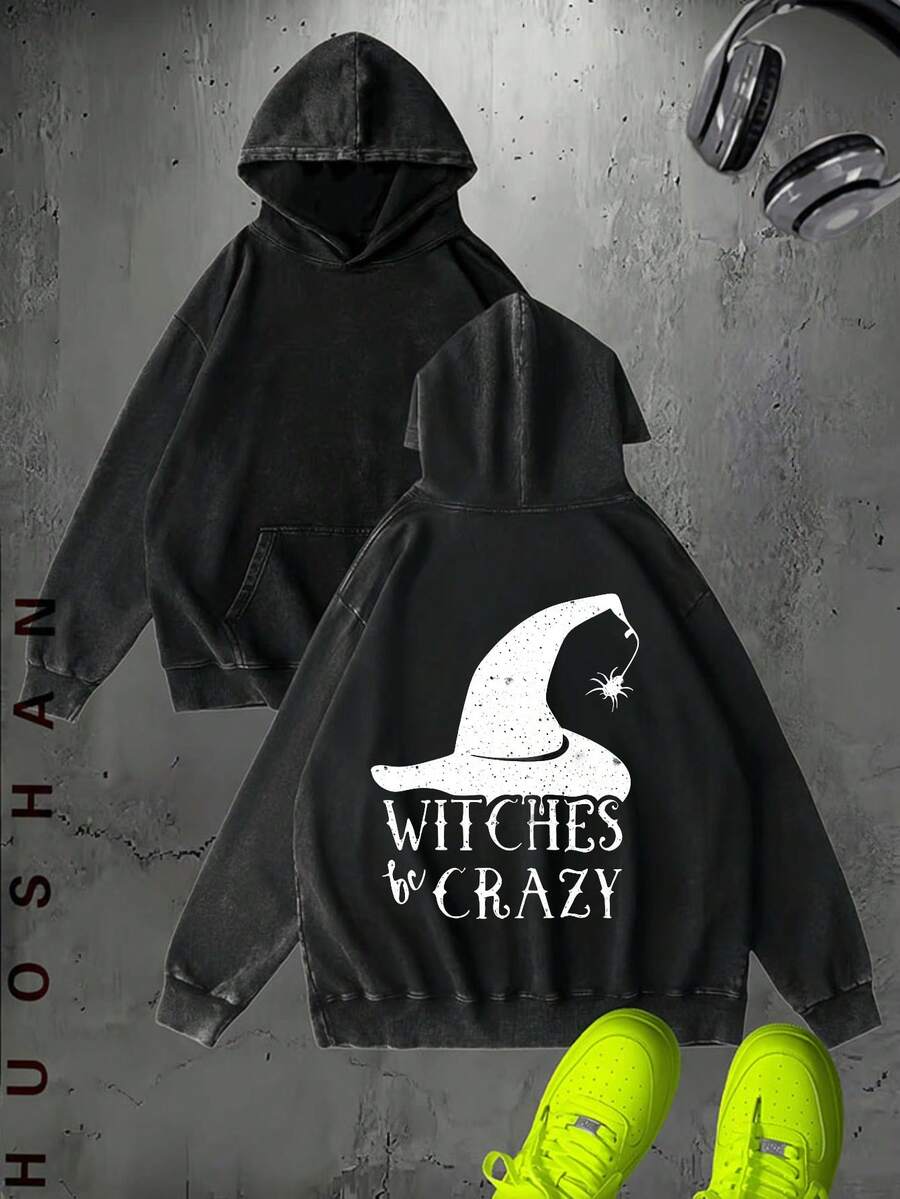Vintage Washed Hoodie - Witch Hat & Witches Be Crazy Print - Streetwear Men's Clothing - Halloween/Christmas/New Year Gift / Affordable Gift - 黑色 - 查看 1
