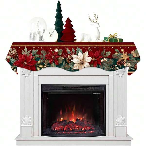 1 lenço para lareira com guirlanda de poinsétia, estampa floral de Natal, adequado para decorar sala de estar, sala de jantar, quarto, cozinha, escritório, hotel, para as estações de outono e inverno.