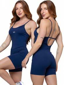 Slim Zero Transparency Fitness Jumpsuit With Straps And Lined Gym Crossfit Jumpsuit 048 - Màu xanh lam - Xem 5