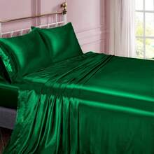 Silky Soft Pink Twin XL Satin Bed Sheets Set, 1 Deep Pocket Fitted Sheet + 1 Flat Sheet + 1 Pillowcase,  In 2025 - 綠色 - 查看 2