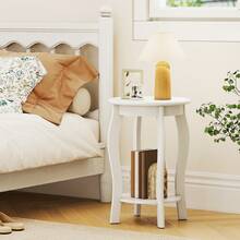 2-Tier Round End Table Narrow Sofa Side Nightstand W/ Storage Shelf & Wood Legs - trắng - Xem 2