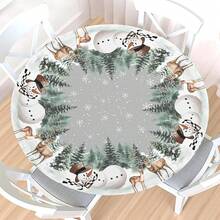 Water-Resistant Round Tablecloth With Elastic Edge For 40-44" Tables - Gift-grey Tree Snowman - View 1