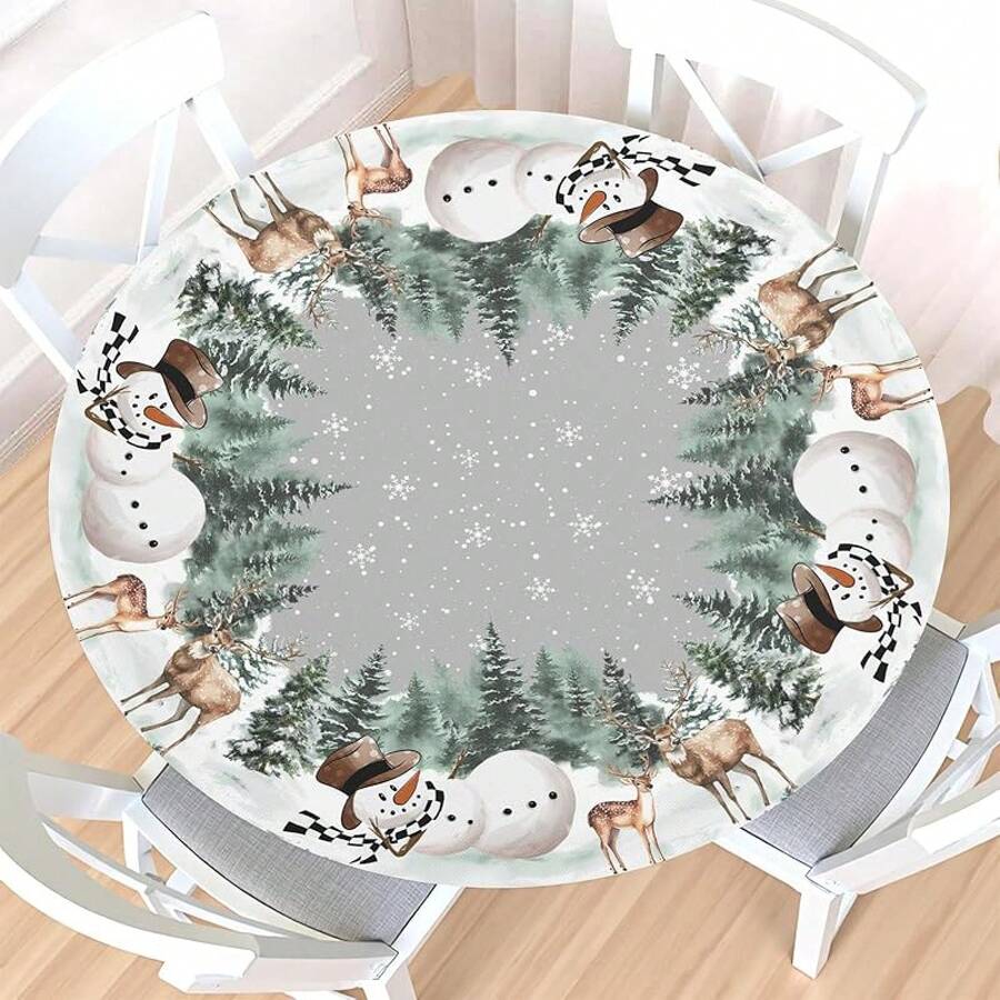 Water-Resistant Round Tablecloth With Elastic Edge For 40-44" Tables - Gift-grey Tree Snowman - View 1