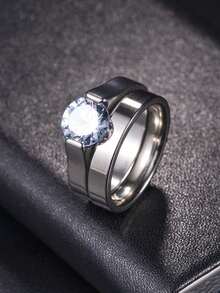 1pair Luxury Round Rhinestone Stainless Steel Rings, Fashion Personalized Ring Set For Women, Suitable For Valentine's Day, Wedding, Party, Birthday Gift, Daily Wear