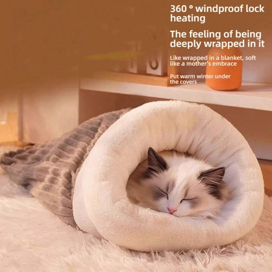 Winter Warm Closed Tunnel Pet Bed For Small/Medium Cats & Dogs – Thick Plush Thermal Lined Enclosed Sleeping Bag, Anti-Draft Non-Slip Waterproof Bottom Nest Pad, Machine-Washable Cozy Den For Kittens/Puppies/Senior Pets, Ideal For Cold Weather Hiding & Napping (Indoor/Crate Use)