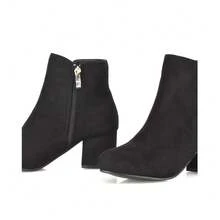 XY LONDON Saffy Women's Mid Block Heel Zip Up Ankle Boots, Black Suedette, Black Synthetic Leather, Brown Suedette, Plain, Casual, Smart, Autumn, Winter - Jet Black - View 3