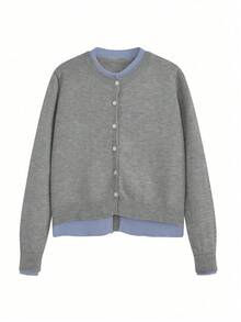 女士宽松针织开衫毛衣外套，二合一设计，秋冬舒适休闲风格 - 灰色 - 查看 5