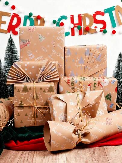 1 Roll Vintage Kraft Christmas Wrapping Paper, Retro Christmas Tree DIY Gift Wrapping Paper For Christmas Party Gifts, Christmas Presents Decoration