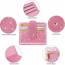 Slim Bifold Wallet RFID Credit Card Wallet Glitter Leather Small Cute Card Holder For Women, Pink{"Color_name":"GlitterPink"} - 多色5 - 查看 6