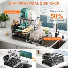 Expandable 2in1 Dish Drying Rack 2Tier Dish Rack With 360° Rotating Drainer Board Carbon Steel Dish Drainerwith Cutlery Utensil Rack And Holders For Kitchen Storage And Organisation