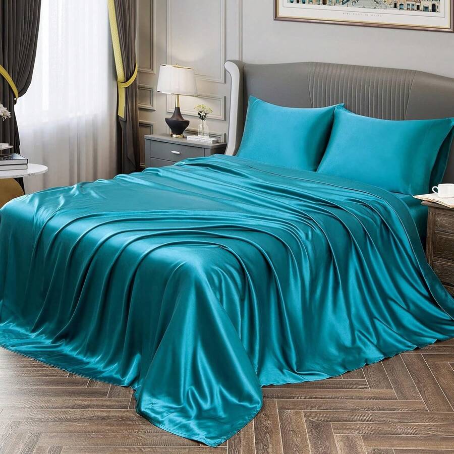 Silky Soft Pink Twin XL Satin Bed Sheets Set, 1 Deep Pocket Fitted Sheet + 1 Flat Sheet + 1 Pillowcase, In 2025 - Teal - 查看 1