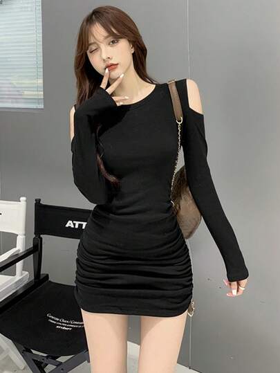 Solid Color Casual Ribbed Ruffle Hem Daily Wear Long Sleeve Mini Dress For Women, Spring/Autumn