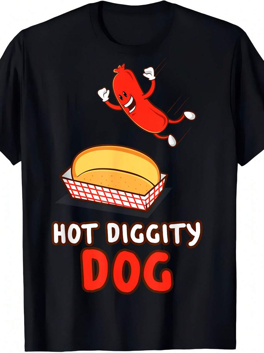 Funny Hot Dog T-Shirt, Hot Dog, BBQ, Cartoon Wiener T-Shirt Hot Dog T-Shirt, 100% Hot Dog T-Shirt, 180g Hot Dog T-Shirt For Men Dad Family Women Mom Friends, Black Crew Neck, S-XXXL, Football Game Valentine'S Day Gift Thanksgiving Gift - màu đen - Xem 1