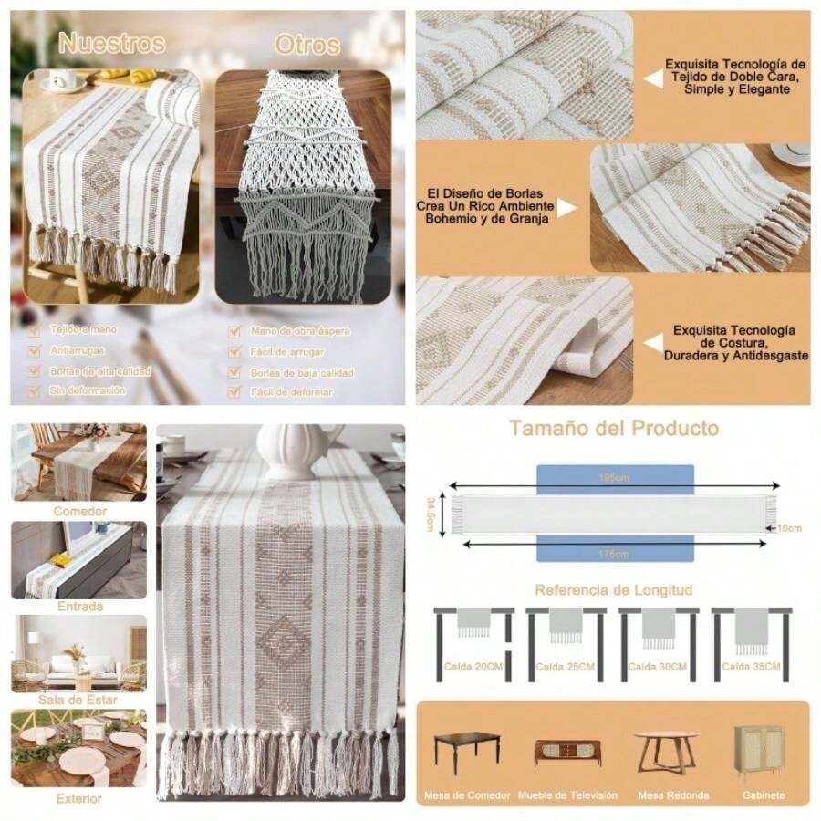 Camino de Mesa con Borlas Elegante Table Runner Boho para Navidea Cena Reuniones Pao de Mesa Arpillera Largo Corredor de Mesa de Granja Rectangular para Decoracin Comedor Hogar 175*34.5cm - Beis - Ver 1