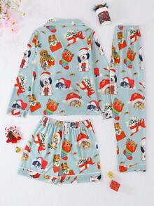 3 件套女孩和青少年休闲卡通圣诞小狗印花翻领长袖开衫和短裤和长裤睡衣套装，阻燃，适合所有季节和圣诞节 - 綠色 - 查看 2