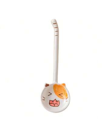 1pc Reusable Ceramic Cartoon Cat Shaped Spoon, White Cartoon Cat Design Coffee Milk Juice Mixing Dessert Creative Stirring Spoon