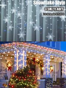 Solar Snowflake Icicle String Lights, 97/160 LED 16/27 Strands Christmas Lights For Indoor/Outdoor, IP65 Waterproof With 8 Modes Eave Lights, Suitable For Christmas, House, Garden, Trees, Yard, Stairs, Roof,Festival ,Party Decorations (Warm White/Multicolor/White)