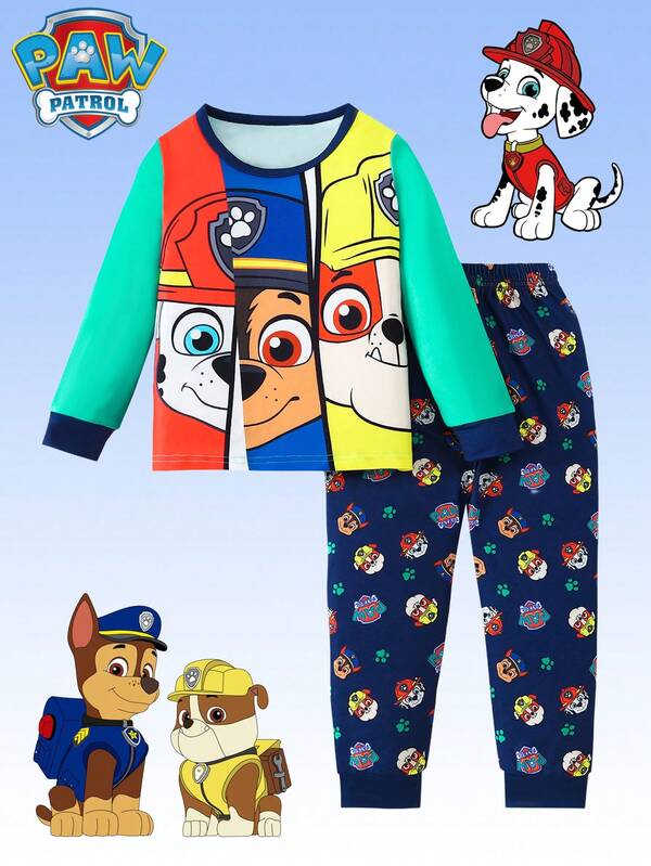 Paw Patrol 2 piezas Conjunto de pijama de Paw Patrol para niños, camiseta de cuello redondo de manga larga con estampado de dibujos animados lindos y pantalones jogger, adecuado para ropa de dormir de niños, uso diario casual, regalo de vacaciones, otoño/invierno