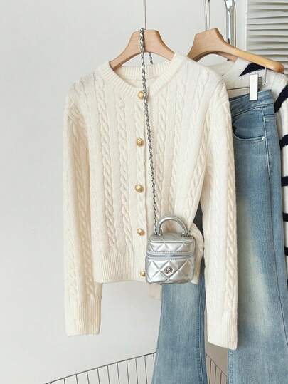 1pc Solid Color Soft & Sweet Cardigan, Crew Neck Button Up Long Sleeve Knit Sweater For Women
