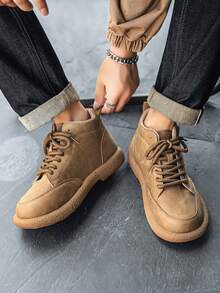 Men's Winter Brown Retro British Style Boots, Birkenstocks Mid-Top Casual Shoes, High-End Business Fashion Brand Versatile Large Size Leather Shoes, Lightweight Comfortable Work Boots Patchwork Ankle Boots - Brown - View 5