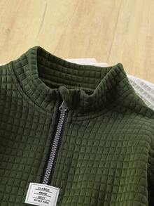 两件套女童休闲街头服饰，针织长袖上衣搭配阔腿裤，纯色格子套装，适合室内外休闲穿着。 - 軍綠色 - 查看 3