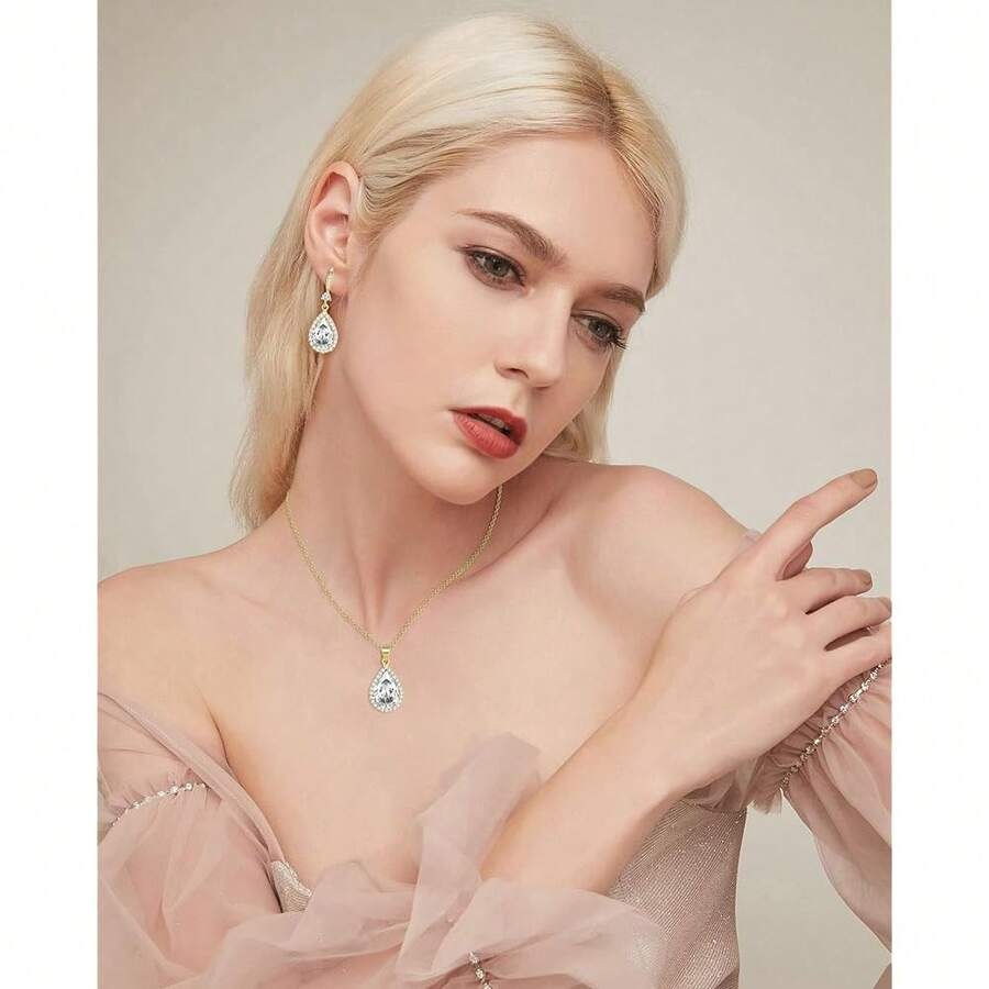 Women Jewelry Set Silver/Gold Plated Teardrop Pendant Necklace Dangle Drop Earrings Dangling Sets Birthstone Crystals Rhinestone,Birthday Anniversary Wedding Mother's Day Gifts For Women{"Color_name":"04.April-YellowGoldPlated|Diamond"} - 04.四月-黃金鍍層|鑽石 - 查看 1