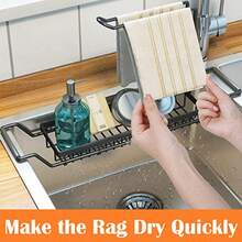Sponge Holder For Kitchen SinkTelescopic Sink Storage Rack Kitchen Organizer Soap Brush Dispenser Expandable 14.2"17.3" Sink Caddy Organizer With Dishcloth Towel Holder(304 Stainless Steel Black) - Black - View 2