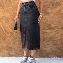 Simple Casual Elegant Midi Skirt With Zipper Pocket Holiday - Grey - View 1