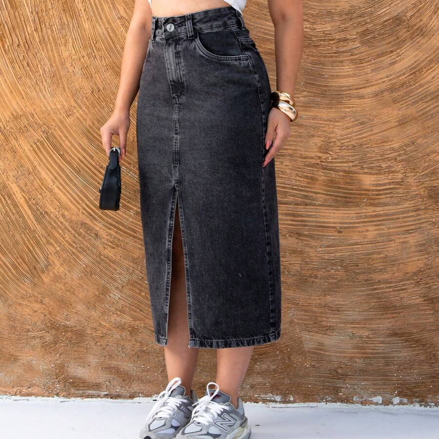 Simple Casual Elegant Midi Skirt With Zipper Pocket Holiday - Grey - View 1