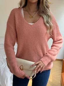 女士V领马海毛毛衣 - 垂褶长袖套头衫，适合秋季度假和派对穿着 | 复古奢华轻盈设计 - 藕粉色 - 查看 3