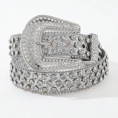 1pc White Crystal Embellished Waist Belt For Women, Y2K Shiny Diamond Sequin Decor Square Buckle Rivet Belt, Suitable For Hip Hop, Rock, Streetwear, Party, Nightclub