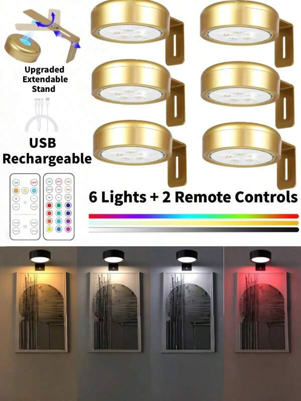1/3/6 pièces Spot LED rechargeable USB, Lumière décorative pour peinture, Lumière murale LED sans fil pour tableau, Guirlandes lumineuses, Lampes, Éclairage LED, Veilleuse, Éclairage, Lampe de lecture, Lampe murale à intensité variable à commande tactile, Finition polie, Pour la maison, la chambre à coucher, les murs, le salon, la décoration de la pièce, la décoration de Noël, Parfait pour la galerie, la décoration de la chambre, les escaliers, les couloirs - Batterie lithium-polymère 1500 mAh