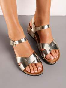 Silber Kork Keilsandalen Damen Sommer Lässig Reise - Gold - Übersicht 4