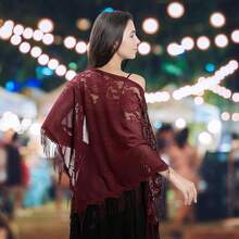Ladiery Triangle Lace Shawls And Wraps For Evening Dresses With Tassels For Evening Party Mesh Wedding Shawls{"Color_name":"PurplishRed"} - PurplishRed - View 7