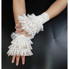 L'VOW 2Pcs Gothic Black Lace Feather Long Gloves For Women Halloween Witch Costume Swan Wristband Cuff{"Color_name":"X01-White"} - X01-白色 - 查看 6