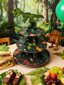 Soporte para tarta de tres niveles con temática de dinosaurio para fiesta de cumpleaños, soporte para tarta con patrón de huesos y fósiles de Tiranosaurio Rex, soporte de papel de tres niveles para tarta de cumpleaños, soporte de tarta de varios niveles, adecuado para fiestas de cumpleaños, picnics al aire libre, reuniones familiares, Navidad, fiestas con temática jurásica, sin contacto directo con alimentos